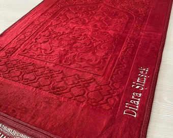 Personalized Velvet Prayer Mat, Prayer Rug Tasbeeh Quran Gift Set, Embroidered Janamaz, Turkish Rug, Islamic Gift, Eid Gift, Hajj Umrah