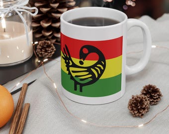 Sankofa Bird Ceramic Mug | Ghanaian Symbol, Rasta Striped Flag Colors