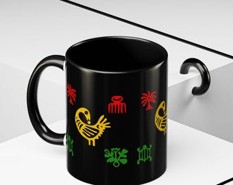 Sankofa Bird Accent Coffee Mug | Adinkra Symbol Rasta Pattern