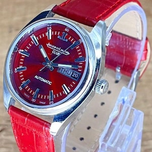 Vintage Jaeger-LeCoultre Club 25 Jewels Automatic Day Date Men's Signed Crown Red Dial Wrist Watch