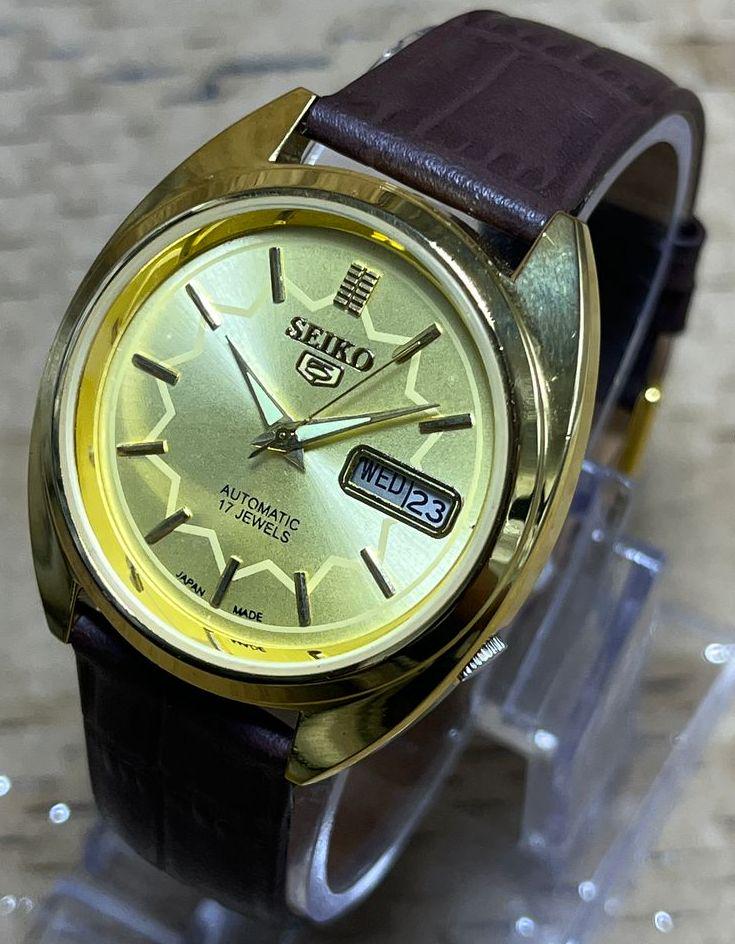 Vintage Seiko 5 Automatic Watch: Golden Dial, Day-Date, Cal. 7009