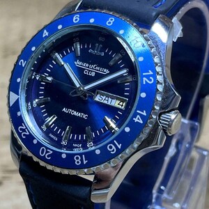 Vintage Jaeger-LeCoultre CLUB Sunburst Blue Dial 17 Jewels Automatic Swiss Made Day Date Men's Watch Signed Crown, Rotating Bezel