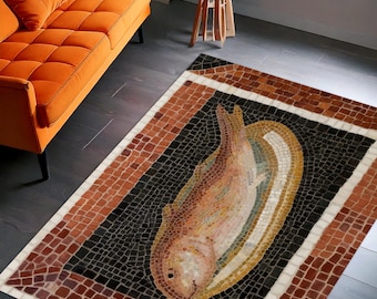 Mosaic Fish Area Rug – Ancient Roman Tile Art Carpet, Mediterranean Kitchen Floor Mat, Custom Size, Non-Slip Backing