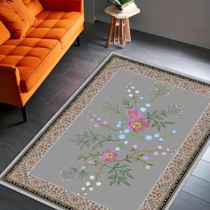 Gray Vintage Floral Rug with Delicate Pink and Blue Flowers – Elegant Persian Style Area Carpet for Living Room, Bedroom, Entryway