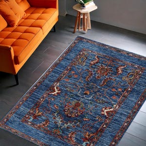 Blue Vintage Oriental Rug, Traditional Floral Area Carpet, Classic Persian Style Living Room Decor