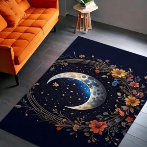 Crescent Moon & Wildflower Mandala Rug, Boho Lunar Floral Carpet, Mystical Moon Phase Round Rug, Celestial Nature-Inspired Home Decor