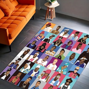 Hip Hop Legends Area Rug – Colorful Rapper Portrait Collage Floor Carpet for Music Lovers, Bedroom & Studio Decor