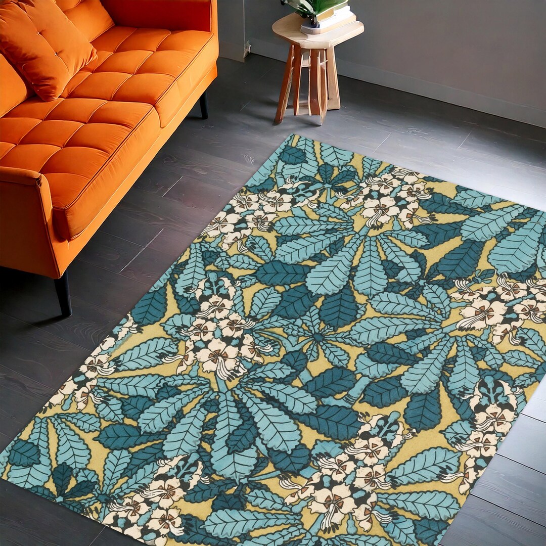 Vintage Botanical Floral Leaf Area Rug – Teal Blue Chestnut Leaf Design ...