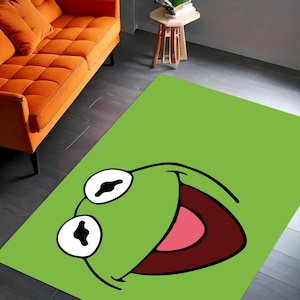 Green Cartoon Face Rug, Funny Character Kids Carpet, Playroom Floor Mat, Soft Colorful Nursery Decor for Boys and Girls