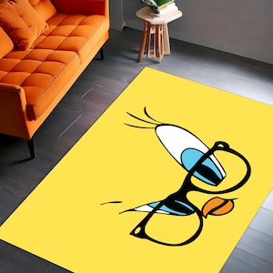 Tweety Rug, Yellow Cartoon Eyes Rug, Fun Glasses Character Carpet, Kids Playroom Floor Mat, Bright Colorful Nursery Decor for Boys & Girls