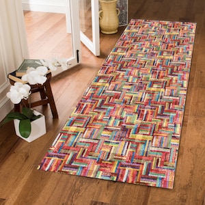 Colorful Turkish Patchwork Runner Rug – Multicolor Geometric Non-Slip Hallway Carpet