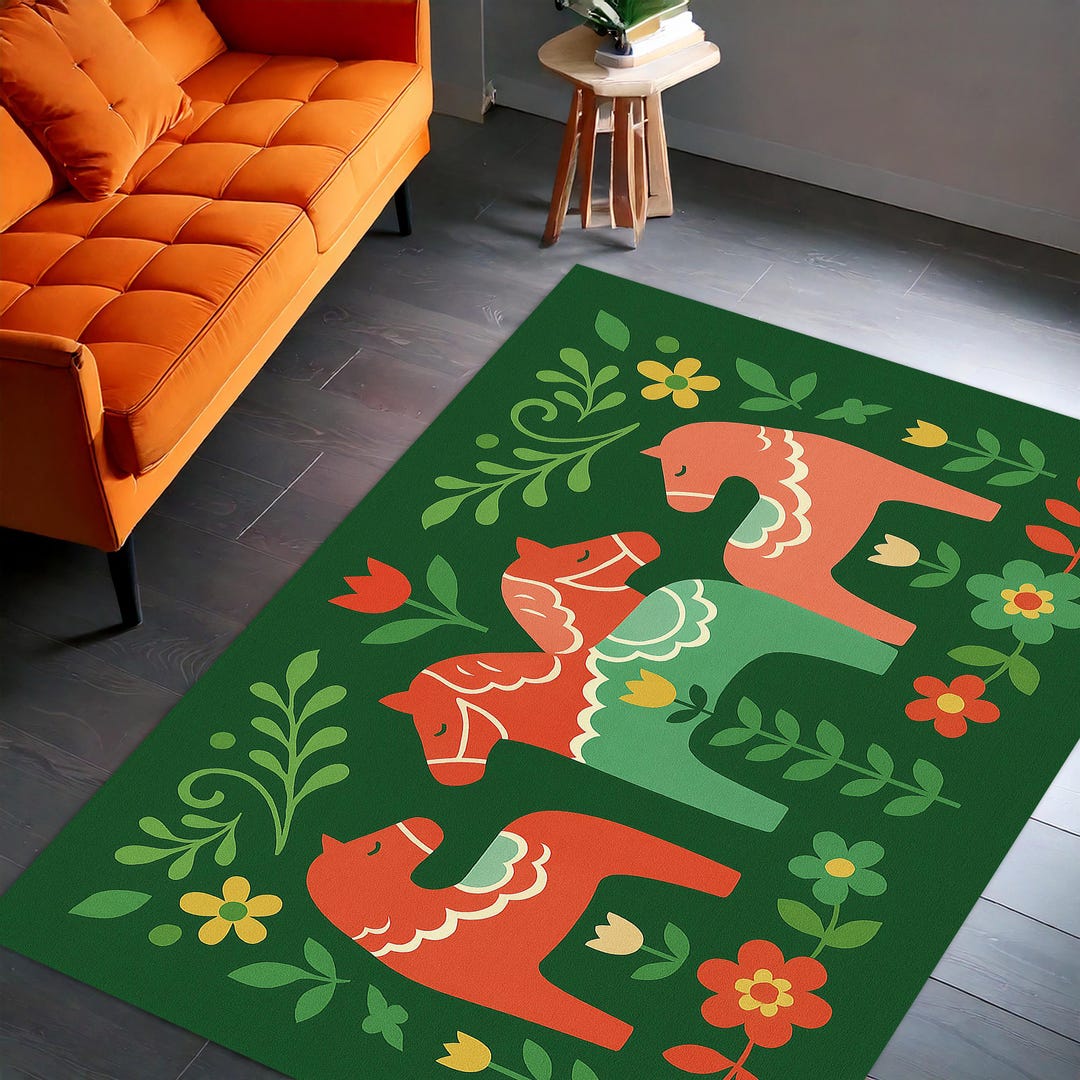 Dala Rugs Nordic Dala Horse Rug, Bold Folk Art Area Rug With Flowers ...