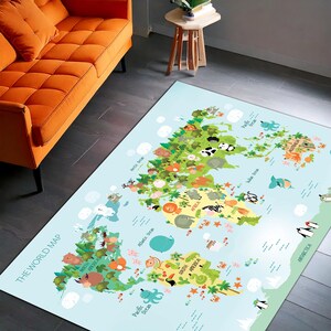 Kinderteppich mit Weltkarte, Tierbedruckt - Kinderdekor für Kinderzimmer & Spielzimmer