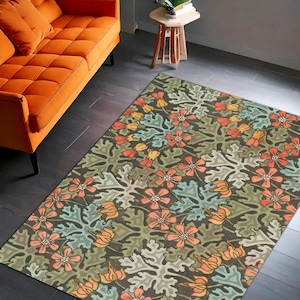 Turkish Handmade Carpet Green Orange Floral Rug Botanical Printed Area Rug Boho Cottagecore Vintage Inspired Living Room Accent Home Decor