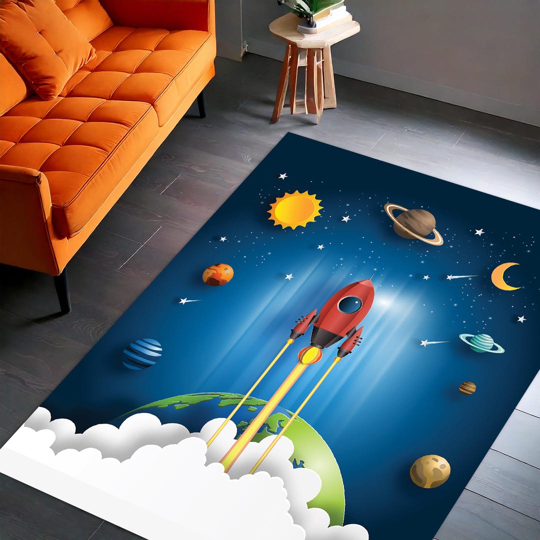 Educational Space Rocket Rug for Kids, Galaxy Theme Playroom Carpet ...