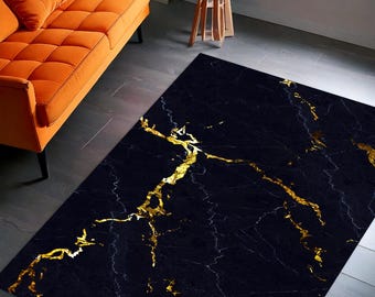 Black Marble Look Rug with Gold Veins – Luxurious Modern Area Rug