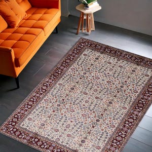 Persian Floral Area Rug, Traditional Cream and Red Carpet with Vintage Pattern, Elegant Living Room or Bedroom Oriental Decor Rug