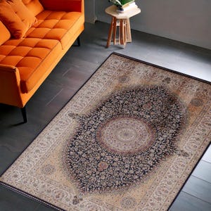 Navy Persian Area Rug, Traditional Medallion Carpet, Classic Floral Oriental Rug for Living Room or Bedroom
