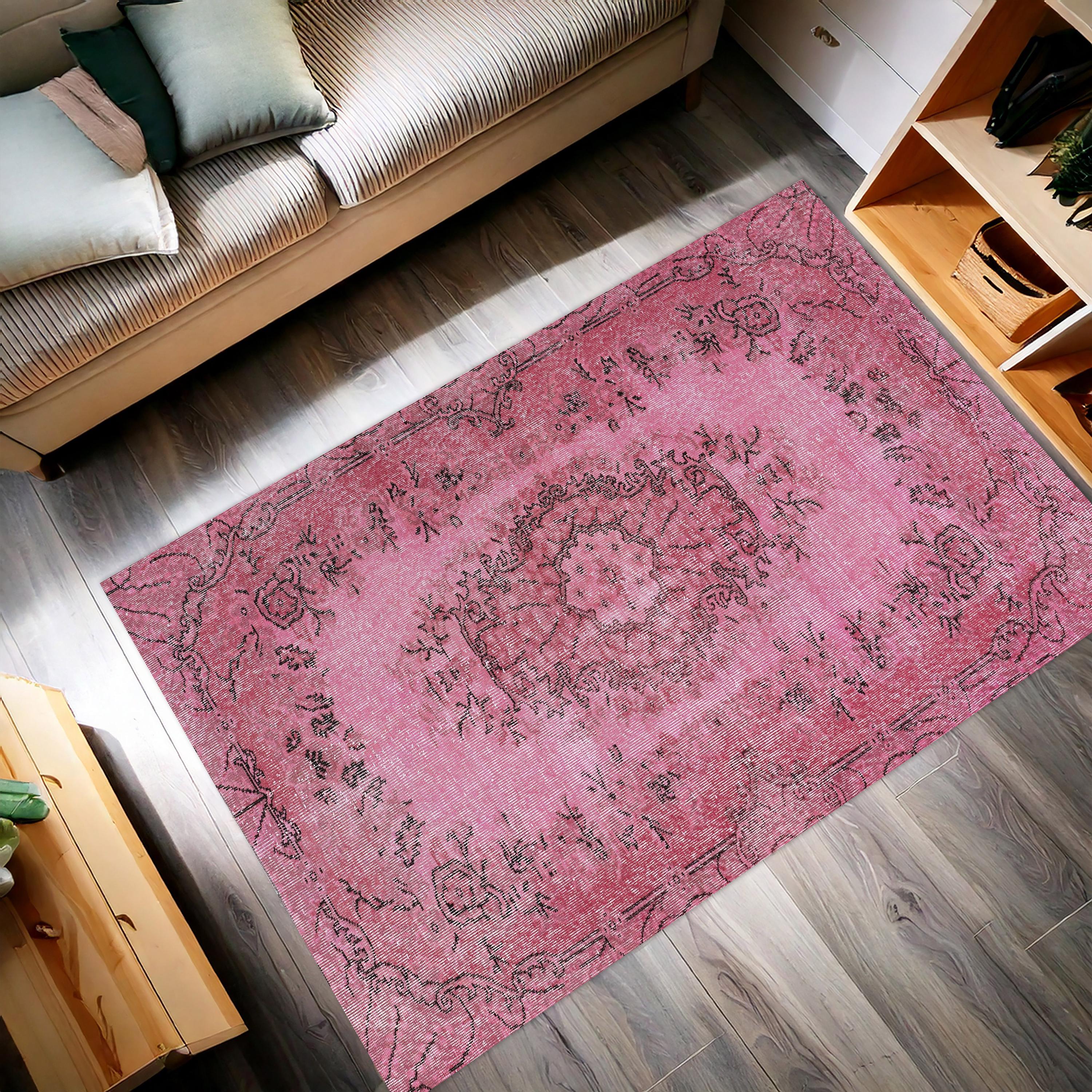 シャビーなローズピンクとベージュのメダリオンラグ ヴィンテージラグ