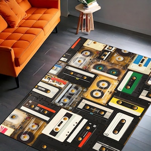 Retro Cassette Tape Collage Rug – Vintage Audio Tapes Pattern Area Carpet for Music Lover Decor
