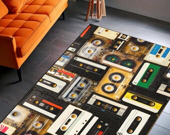 Retro Cassette Tape Collage Rug – Vintage Audio Tapes Pattern Area Carpet for Music Lover Decor