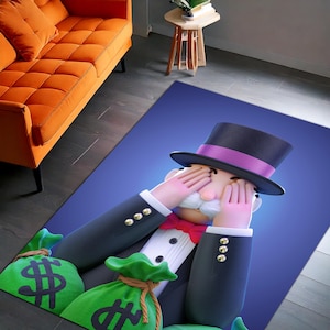 Divertida alfombra de multimillonario con estampado de saco de dólares, diseño de personaje de hombre rico para habitación infantil o decoración llamativa para el hogar.