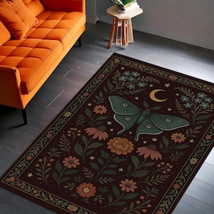 Mystical Luna Moth Rug, Botanical Floral Boho Area Rug, Moon Phase Nature Carpet, Dark Academia Decor Rug