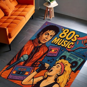 Retro 80s Music Rug – Vintage Pop Music Decor with Cassette and Boombox Graphics