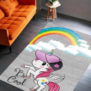 Unicorn Rainbow Kids Rug, Be Cool Cartoon Carpet, Cute Playroom Floor Mat, Colorful Nursery Room Decor for Girls and Toddlers