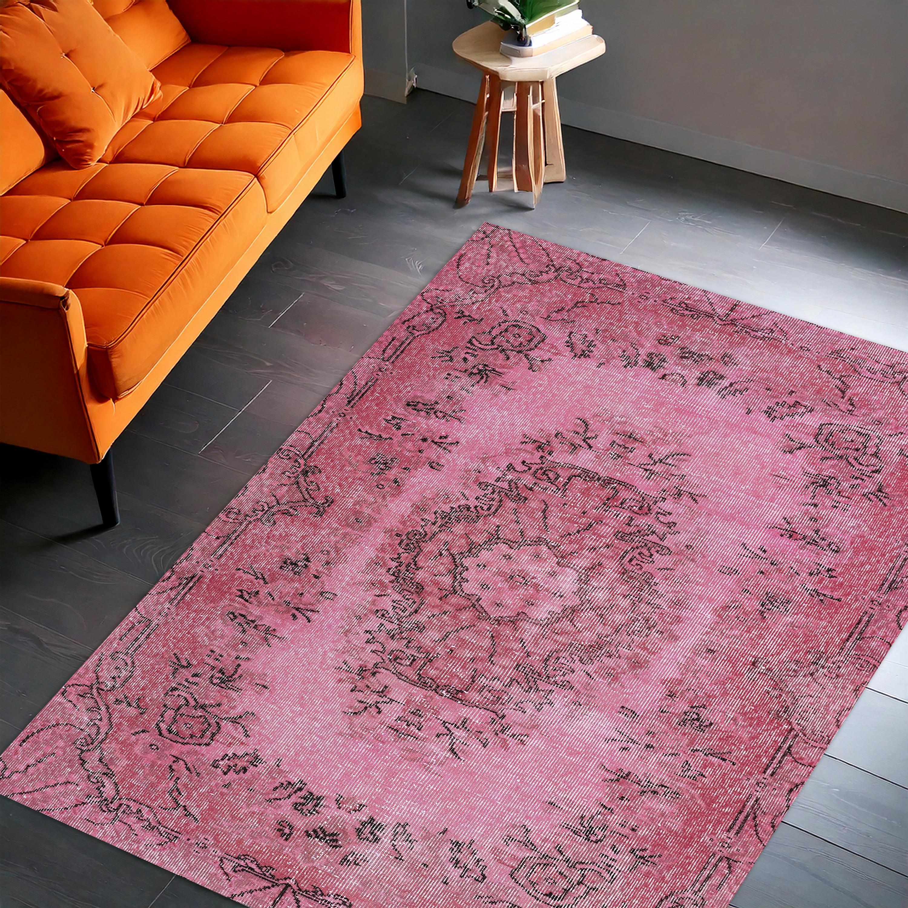 シャビーなローズピンクとベージュのメダリオンラグ ヴィンテージラグ