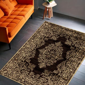 Dark Brown and Beige Traditional Rug – Classic Persian Style Area Carpet for Living Room or Office Decor