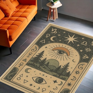 Mystic Eye Area Rug, Celestial Forest Carpet with Zodiac Symbols, Boho Spiritual Floor Mat for Witchy or Nature-Inspired Home Decor