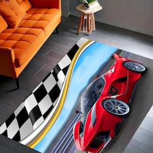 Race Car Kids Rug, Red Sports Car Printed Carpet, Boys Room Play Mat with Checkered Flag, Fun Speed Track Floor Decor