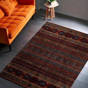 Colorful Kilim Area Rug, Boho Tribal Stripe Carpet, Southwestern Style Floor Mat, Vintage Ethnic Living Room Decor