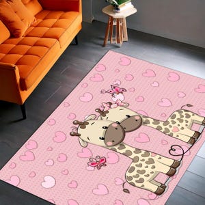 Niedliche Giraffen Herzen Kinderteppich - Rosa Cartoon Kinderzimmer Teppich, Baby Mädchen Spielzimmer Dekor, personalisiertes Namensgeschenk, waschbare Bodenmatte