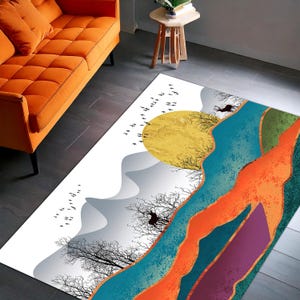 Colorful Abstract Landscape Rug – Modern Nature Inspired Carpet – Bold Art Floor Decor – Sun and Mountains Area Rug – Artistic Statement Pie