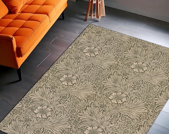 Sage Botanical Arts & Crafts Area Rug – William Morris Style Vintage Turkish Floral Carpet, Neutral Boho Living Decor, Washable Anti-Slip