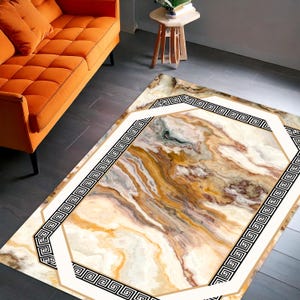 Vloerkleed met marmereffect met Griekse toetsrand, bruin goud crème abstract tapijt, moderne woonkamer vloermat decoratieve stijl