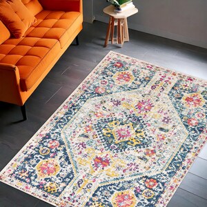 Vintage Style Turkish Area Rug, Navy Blue Floral Medallion Carpet, Traditional Living Room Accent Rug