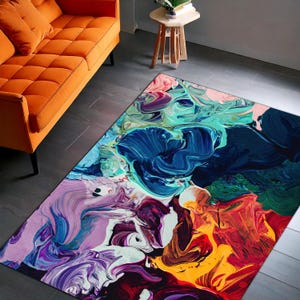 Vibrant Abstract Swirl Art Printed Area Rug – Colorful Modern Living Room Floor Decor