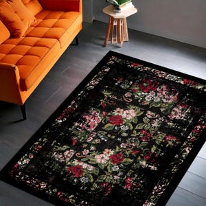 Vintage Black Floral Rug, Dark Cottagecore Carpet with Red Rose Pattern, Boho Botanical Area Rug for Living Room or Bedroom Decor