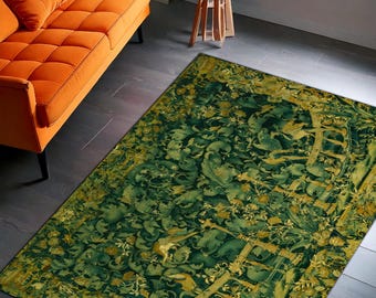 Medieval Forest Tapestry Rug – Green & Gold Verdure Pattern with Mythical Animals, Renaissance Style Area Carpet, Luxury Home Decor Mat