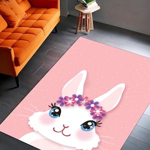 Alfombra infantil con corona floral de conejito – Alfombra rosa kawaii para habitación infantil y sala de juegos, con nombre personalizado y suave.
