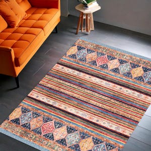 Colorful Tribal Striped Area Rug, Boho Multicolor Kilim Style Carpet for Living Room or Bedroom
