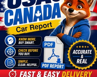 May include: A digital car report advertisement featuring a cartoon fox in a blue hoodie. Text includes USA & CANADA Car Report, KNOW MORE. BUY SMART., CHECK BEFORE YOU BUY., SIMPLE. CLEAR. HELPFUL., PDF REPORT, ACCURATE & REAL, and FAST & EASY DELIVERY.