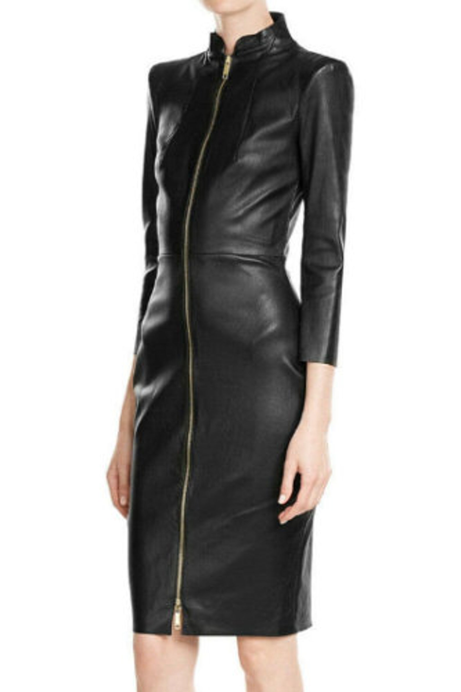 Women Genuine Long Leather Dress, Leather Bodycon Dress Black Real