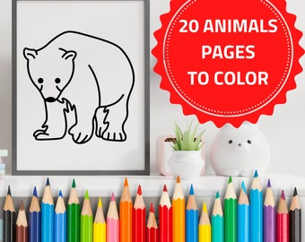 Páginas para colorear imprimibles para niños, niños pequeños y preescolares / 20 páginas con animales, libro para colorear fácil y divertido