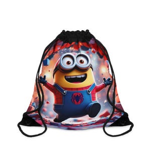 May include: A black drawstring bag featuring a cartoon Minion character dressed as Spider-Man. The Minion is yellow with blue overalls and a red spider emblem. The background is a colorful, abstract design with red and blue elements.