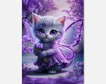 Adorable toile murale fée chaton - Impression d'art fantaisiste pour les amoureux des chats