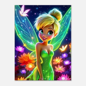Peut inclure: Illustration colorée d'une fée aux cheveux blonds en chignon, vêtue d'une robe verte et de grandes ailes vertes lumineuses. Le fond est un ciel bleu foncé étoilé et des fleurs colorées.